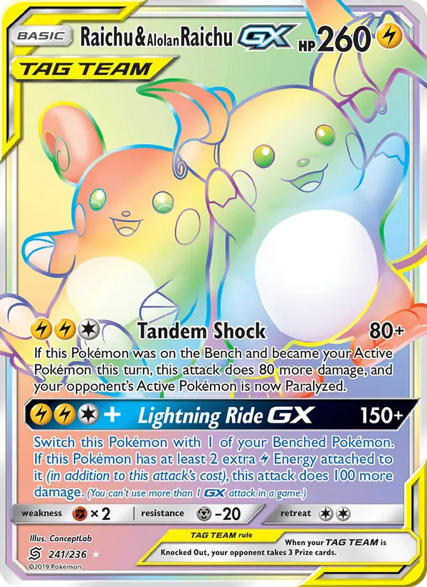 Raichu & Alolan Raichu GX (Secret) — SM - Unified Minds #241/236
